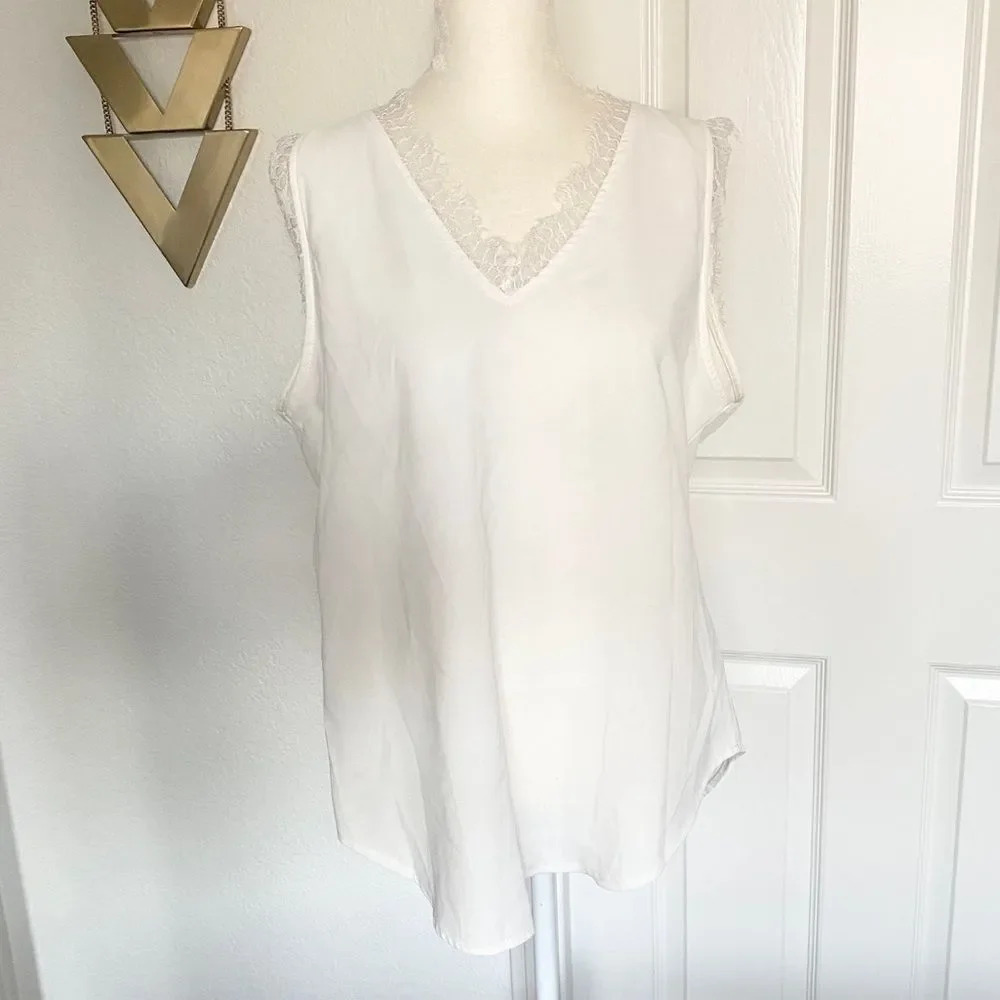 White Sleeveless Tank Top with Lace Cap Sleeve Detail Camisole - Picture 2 of 8